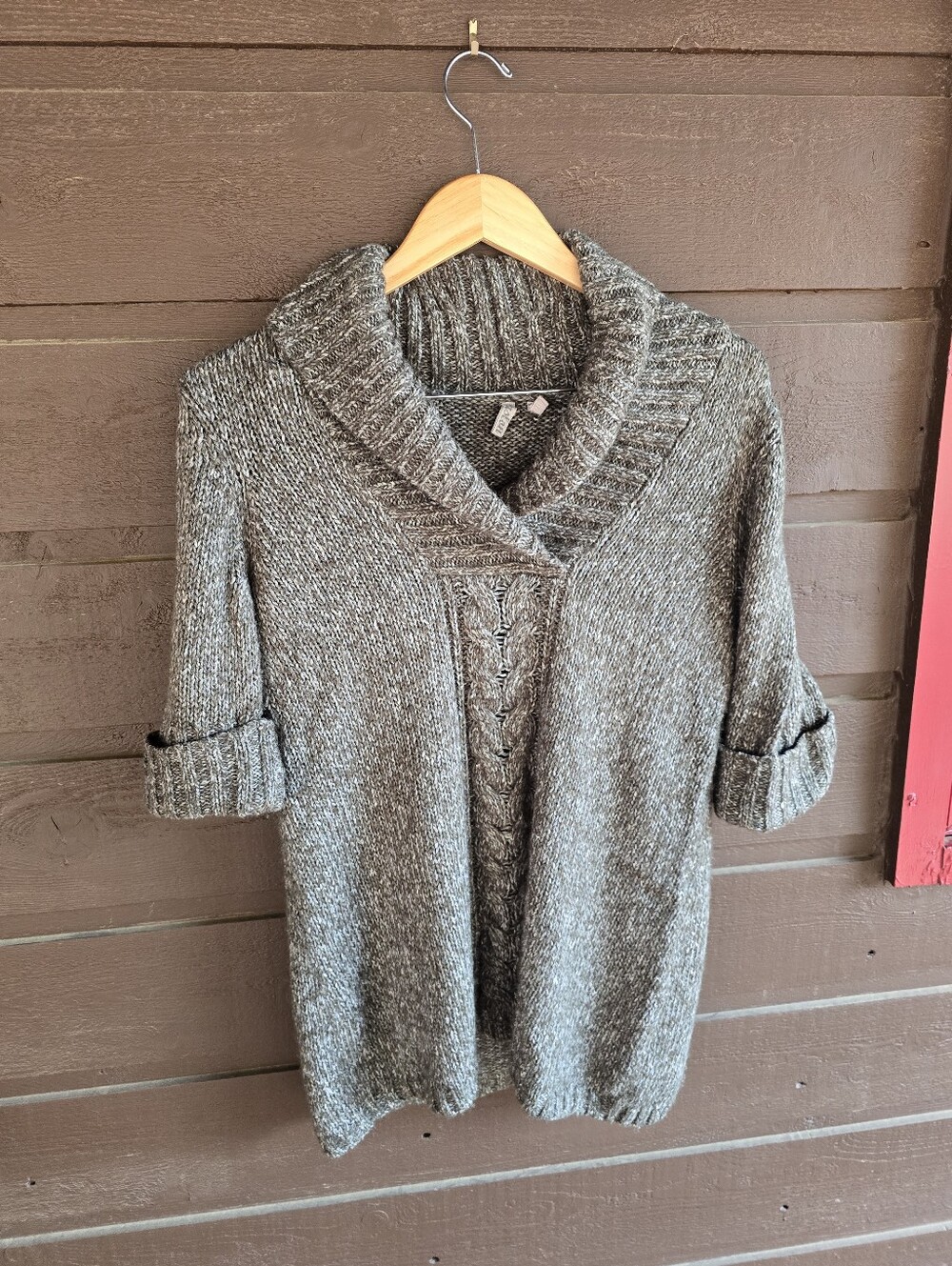 Caslon Nordstrom Olive Marled Knit Shawl Neck Cable Front Tunic Sweater